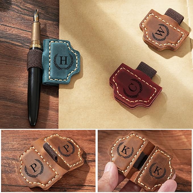Artlaza Personalized Magnetic Leather Bookmark with Pen Holder - 26 Letters Custom Book Mark with Name Initial Engraved Book Marker for Readers, Book Lovers, Travelers - Gift for Women & Men(Green，D