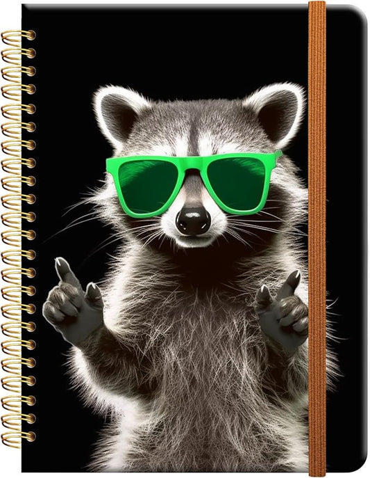 Ruled Spiral Writing Notebook,A5 Hardcover Lined College Journal for Women Lady Girl,Strong Twin-Wire Binding with Premium Paper,8.4" X 6",Perfect for School,Office,Home Gifts(raccoon wearing sunglass
