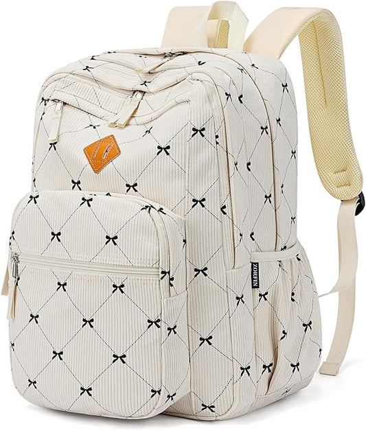 ZORFIN 26L Backpack for School, College, and Travel: Corduroy Bookbag with 8 Compartments - Bowknot