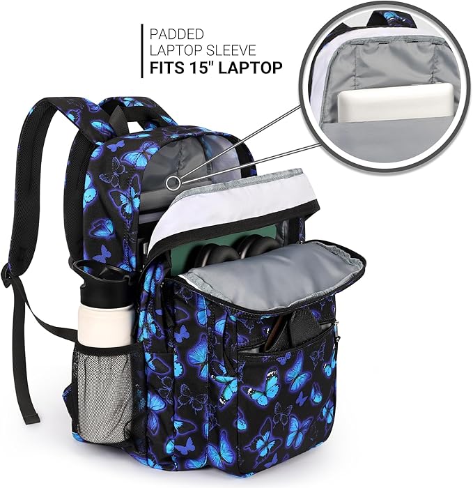 ZORFIN 26L Backpack for School, College, and Travel: Water Resistant Bookbag with 8 Compartments - Butterfly Black