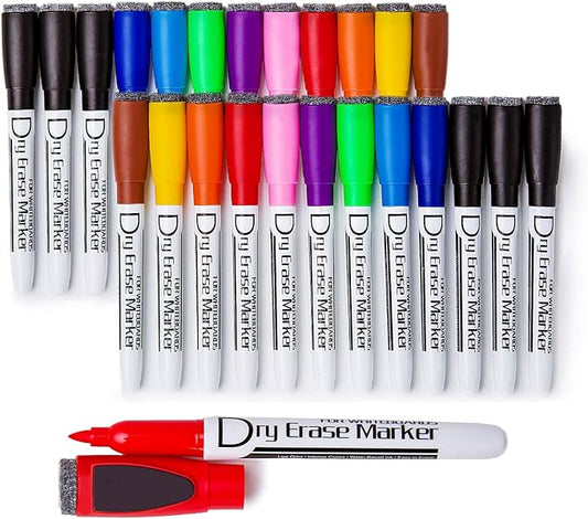 Volcanics Magnetic Dry Erase Markers With Eraser Fine Tip Low Odor Thin Whiteboard Markers for Kids Small White Board Markers Dry Erase Pack of 24,10 Colors