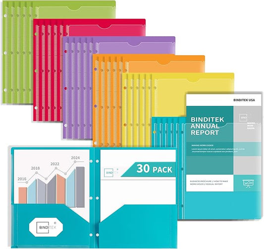 Binditek 30 Pack Heavyduty Plastic Folders with Clear Front Pockets, 2-Pocket Folders with Card Slot, 3 Hole Punched for Letter Size, for 3 Ring Binder, 6 Assorted Colors