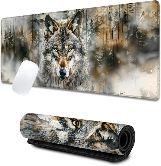 Cool Wolf Large Gaming Desk Mat,Rubber Non-Slip Majestic Forest Mouse Pad,31.5x11.8x0.12in Extended Wildlife Mousepad,Game Lover Mice Pads Gifts,Office Home Deskmat Decor