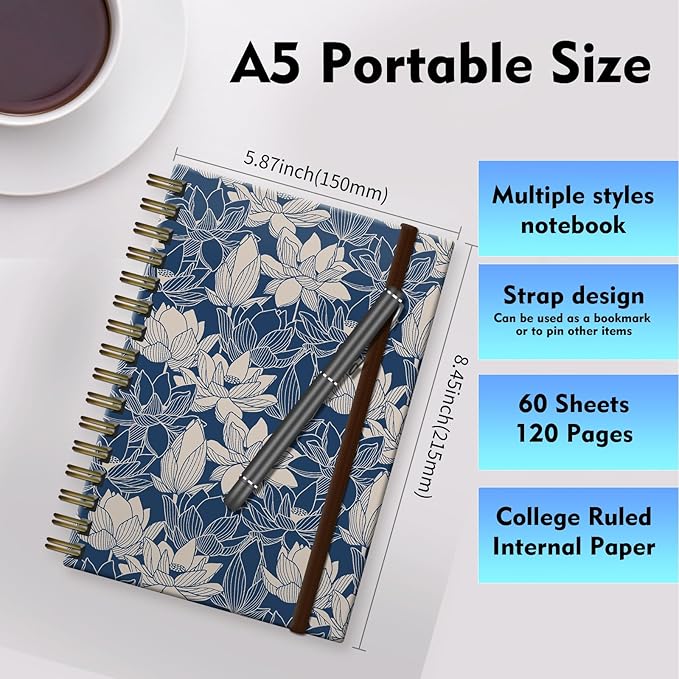 Bansutay Spiral Journal Notebook, A5 Cute Notebooks for Women Men, College Ruled Hardcover Notebook for Work & Note Taking, 60 Pages Double-Wire Journals for Writing (Blue)