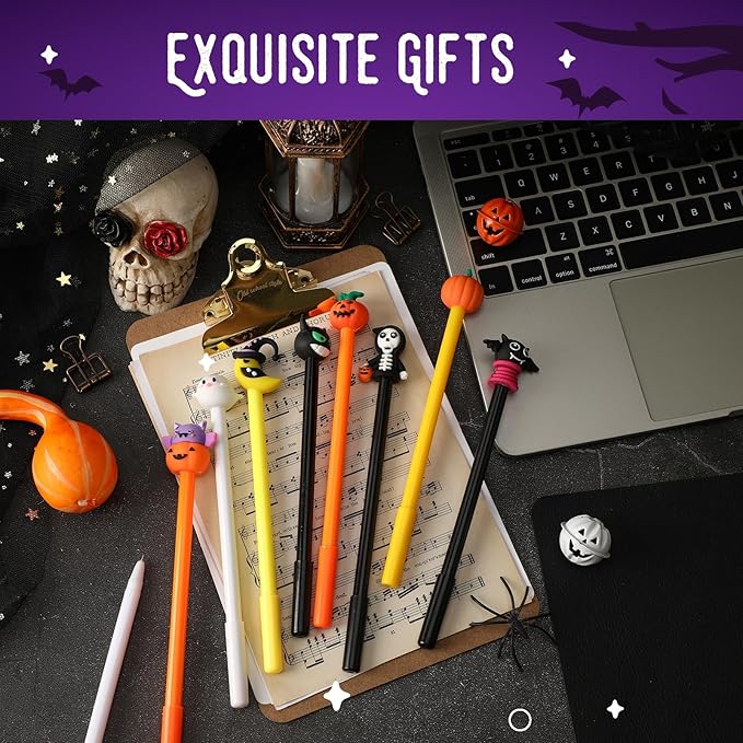 SANNIX 20pcs Halloween Cartoon Pens, Novelty Pumpkin Ghost Skull Bat Gel Ink RollerBall Pens for Halloween Birthday Party Favors Kids Gift School Home Supplies