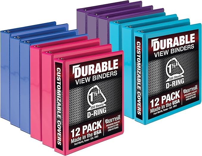 Samsill Durable 1.5 inch 3 Ring Binder, Made in USA, D Ring Binder, FSC 100% Recycled Chipboard, Fashion Assortment, 12 Pack