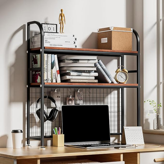 2-Tier Desktop Hutch Bookshelf - Metal Desk Shelf Bookcase with Grid Panel, Countertop Storage Organizer Rack for Dorm or Office, Black, 37.4" W