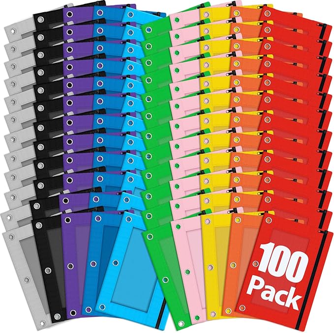 Officygnet 100 Pcs Pencil Pouch for 3 Ring Binder, Bulk Pencil Case Pouch with Clear Window, Pencil Bags with Smooth Zipper, Pencil Pouch for School Office Classroom Supplies(10 Color)