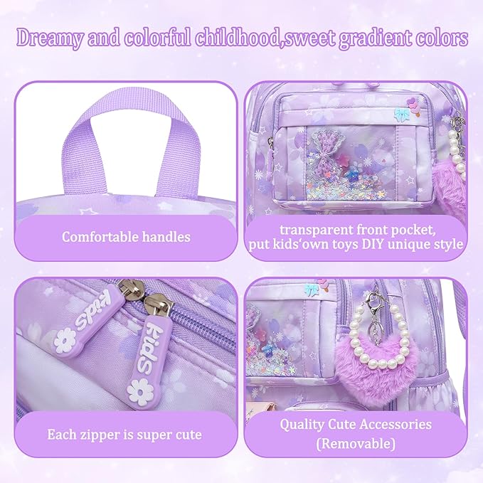 Lovely Girls Backpack School Bag for Students Kids Book Bag with Multiple Pockets Splash-proof Children's Backpack（17inch Set Purple）