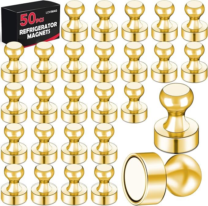 LOVIMAG Refrigerator Magnets, Fridge Magnets, Strong Whiteboard Magnet, Gold 50 Pcs Magnetic Push Pins, Strong Metal Magnet for Fridge, Whiteboard, Office, Classroom, Map, Kitchen