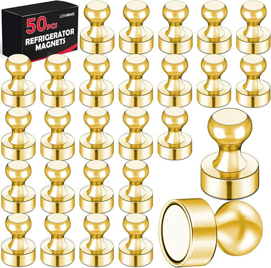 LOVIMAG Refrigerator Magnets, Fridge Magnets, Strong Whiteboard Magnet, Gold 50 Pcs Magnetic Push Pins, Strong Metal Magnet for Fridge, Whiteboard, Office, Classroom, Map, Kitchen