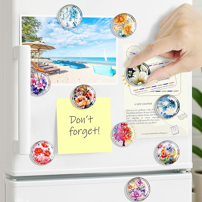 FIDNMAG Refrigerator Magnets, 12 Pcs Glass Fridge Magnets, Flower Magnet for Fridge, Decorative Magnet Small Cute for Refrigerator, Office, Home, Kitchen, Board, Locker, Fun, Adult, Classroom, Floral