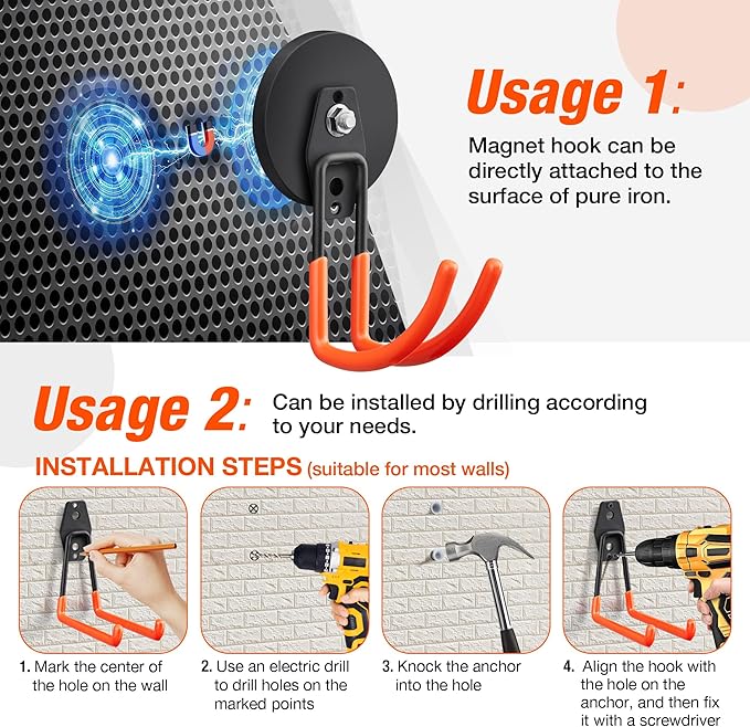 4Pcs Large Strong Magnetic Hooks for Hanging Heavy Duty, 3.5in Neodymium Magnet Storage Utility Hooks, Steel Long Magnetic Holder/Hanger Hook Organizer for Hanging Garage/Garden/Power Tools