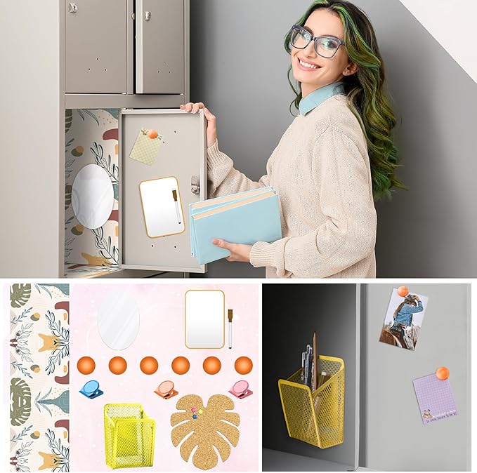 Harloon 15 Pcs Locker Decoration and Organizer Kit Locker Wallpaper Magnetic Pen Holder and Mirror Whiteboard Marker Cork Board with 3 Push Pins 3 Magnetic Clip 6 Magnets(Boho)