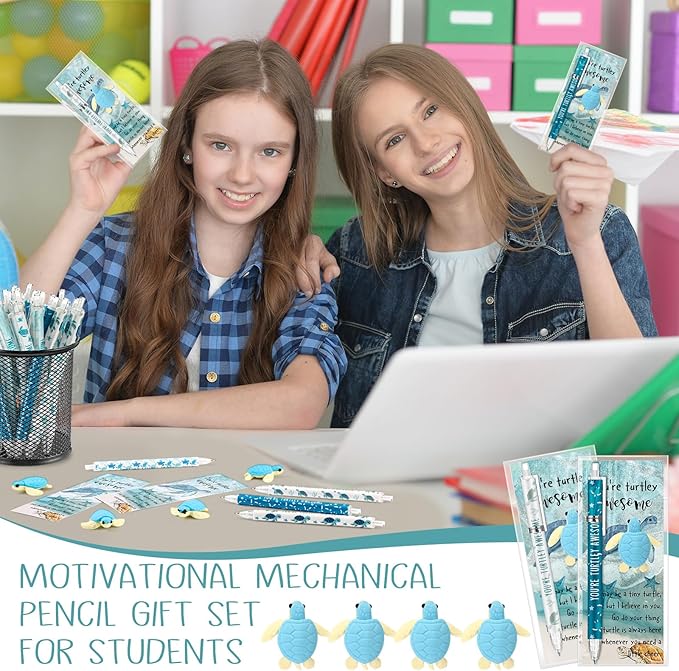 60 Sets Inspirational Turtle Gifts Bulk 6 Styles 0.7 mm Motivational Mechanical Pencils with Erasers Positive Cards Back to School Gifts for Student Teacher Coworker Office Supplies