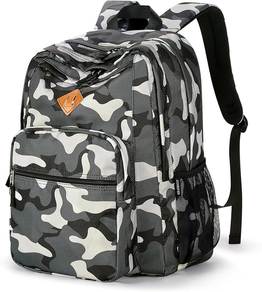 ZORFIN 26L Backpack for School, College, and Travel: Water Resistant Bookbag with 8 Compartments - Camo Black