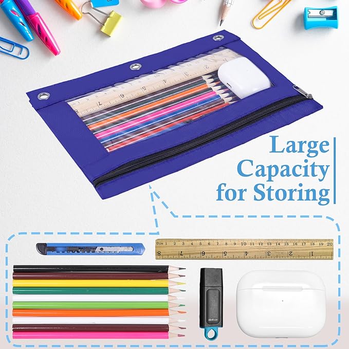 YoeeJob 36 Pack Zipper Pencil Pouch for 3 Ring Binder with Clear Window for School and Office Supplies (Blue)