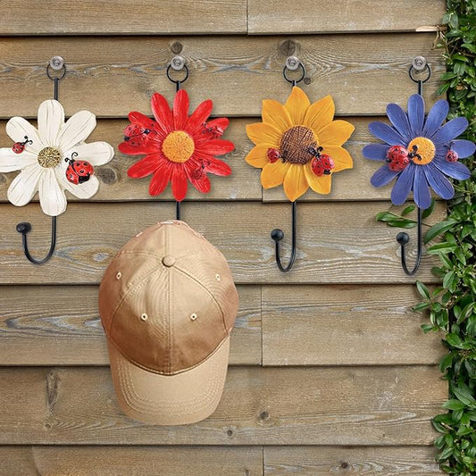 Notakia 8pcs Resin Daisy Flower Wall Hooks Decoration Hanging Coat Hooks Vintage Art Printing Iron Hook Key Hat Towel Wall Mounts Hooks Home Decor