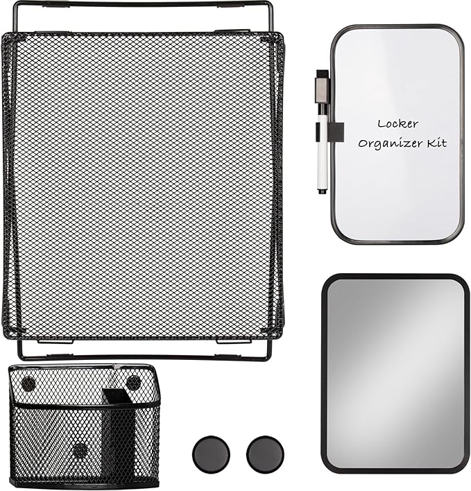 Black Locker Organizer Kit with Shelf, Shelf, Mirror, Pen Holder, Whiteboard, Back to School Essentials, 7-Piece Decoration Kit