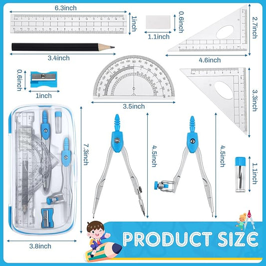 Teling 12 Sets Math Geometry Kit for Students 10 Pcs Compass Geometry Tools Set Includes Rulers Protractor Compass Eraser Pencil Sharpener Lead Refills Pencil (Blue)
