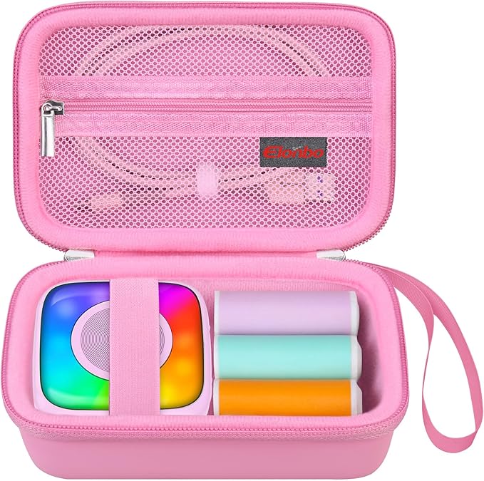 Elonbo Carrying Case for Lebt Mini Sticker Pocket Printer, Label Printer Portable Thermal Printer Travel Bag, Label Maker Machine Storage Holder, Mesh Pocket Fits Label Paper Rolls Tape, Dark Pink