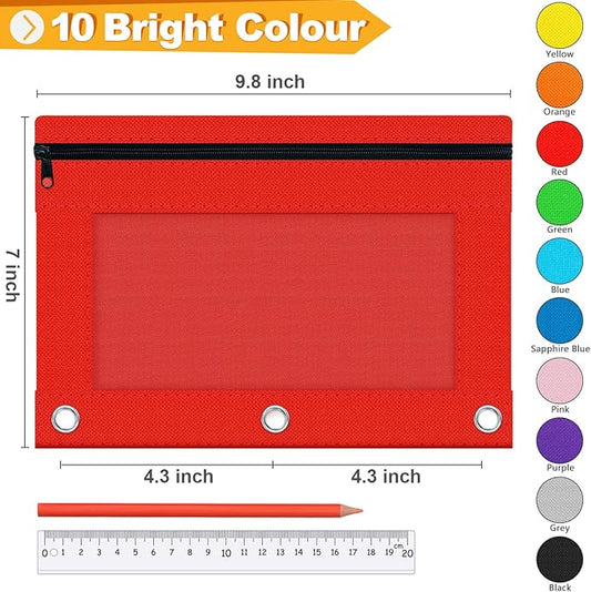 Officygnet 100 Pcs Pencil Pouch for 3 Ring Binder, Bulk Pencil Case Pouch with Clear Window, Pencil Bags with Smooth Zipper, Pencil Pouch for School Office Classroom Supplies(10 Color)