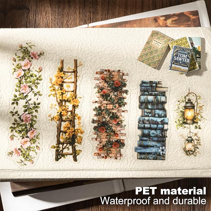 Bookish Garden PET Sticker Set, 120PCS Floral and Book Themed Scrapbooking Stickers, Waterproof Stickers for Journal, Diary, DIY Crafts