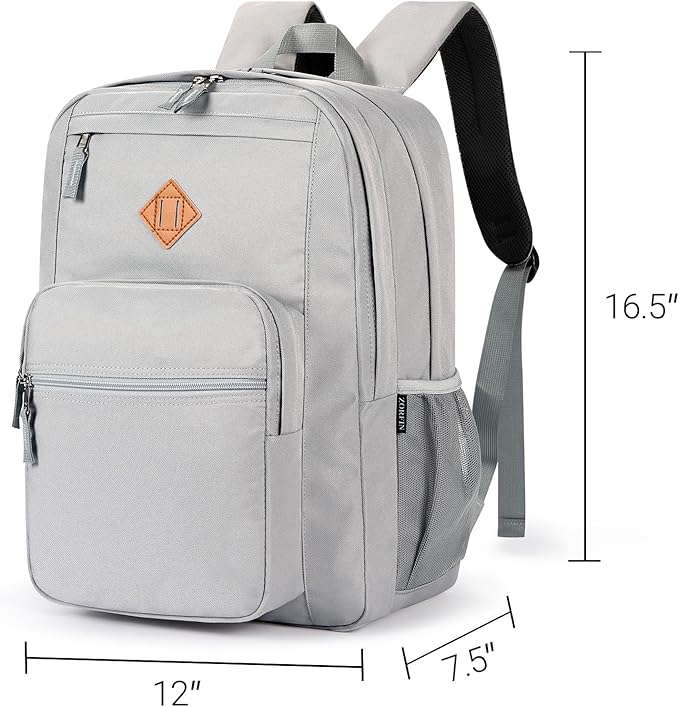 ZORFIN 26L Backpack for School, College, and Travel: Water Resistant Bookbag with 8 Compartments - Grey