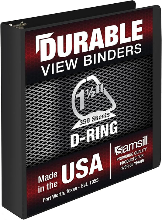 Samsill Durable 1.5 Inch Binder, Made in The USA, D Ring Binder, Customizable Clear View Cover, Charcoal Black, Holds 350 Pages