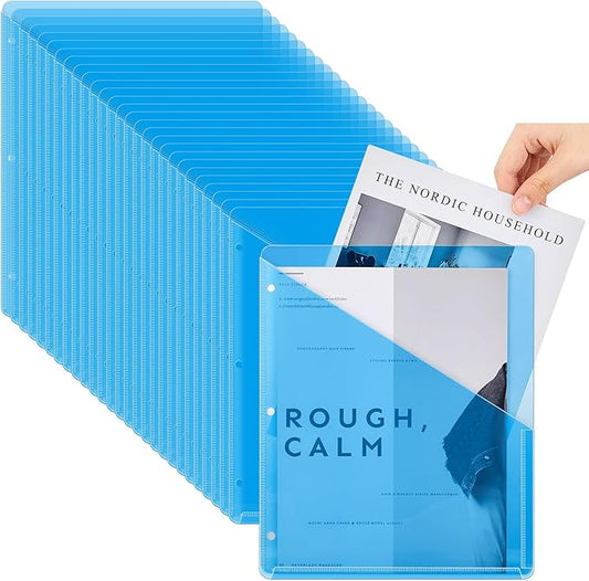 Seajan 100 Pcs Pocket Folders for 3 Ring Binder Clear Plastic Folders Sleeves with 2 Pockets 3 Hole Punch Binder Dividers Poly Slash File Jackets for Office School Document Organizer (Blue)
