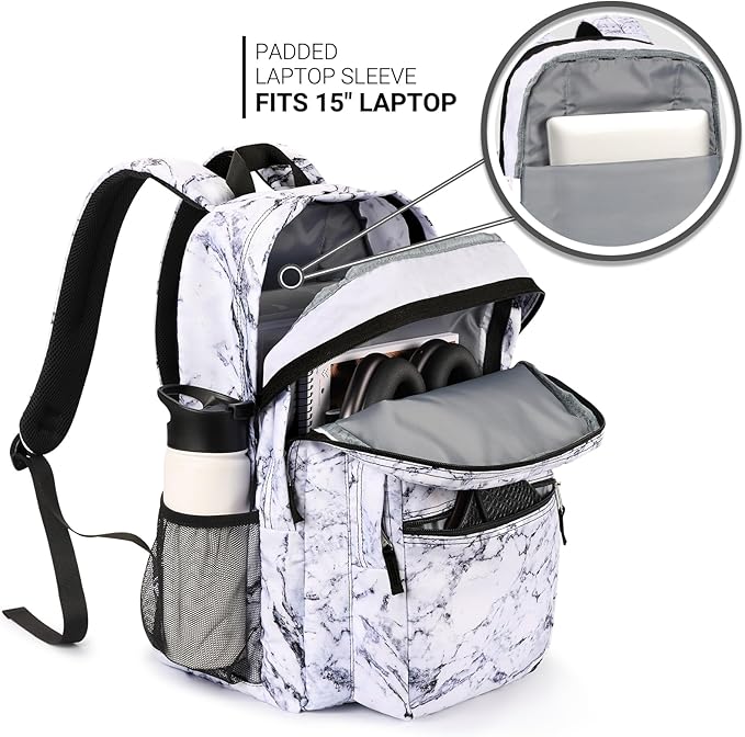 ZORFIN 26L Backpack for School, College, and Travel: Water Resistant Bookbag with 8 Compartments - Marble