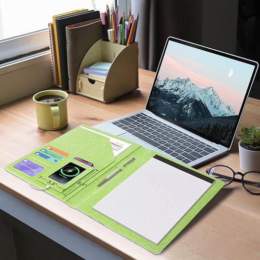 Ospelelf Foldable Faux Leather Clipboard Folio with Notepad 8.5 x 11,Green Business Padfolio for Women Portfolio Organizer, Leaf