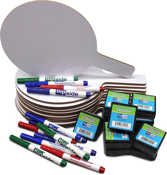 Flipside Products Oval Dry Erase Answer Paddles w/Assorted Color Dry Erase Marker and Erasers, Auction, Handheld Whiteboard, Handle Response Board, 36 Pieces, Set of 12