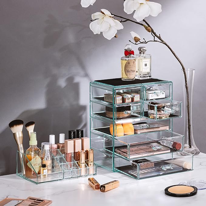 Sorbus Clear Cosmetic Makeup Organizer - Make Up & Jewelry Storage, Case & Display - Spacious Design - Great Holder for Dresser, Bathroom, Vanity & Countertop (3 Large, 4 Small Drawers) [Teal Thrill]