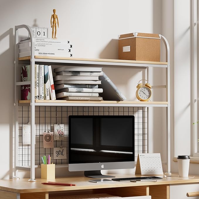 2-Tier Desktop Hutch Bookshelf - Metal Desk Shelf Bookcase with Grid Panel, Countertop Storage Organizer Rack for Dorm or Office, White, 45.3" W
