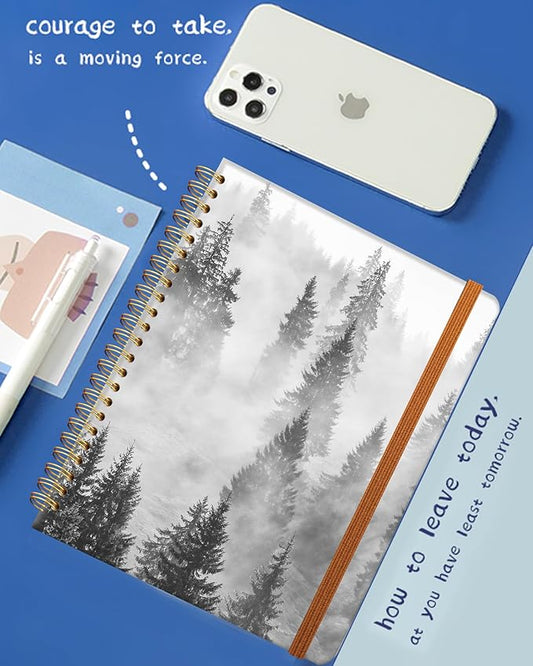 Ruled Spiral Writing Notebook,A5 Hardcover Lined College Journal for Women,Strong Twin-Wire Binding with Premium Paper,8.4" X 6",Perfect for School,Office,Home(Black White Forest)
