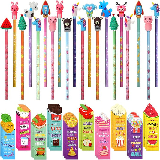 Teling 80 Pcs Scented Bookmarks and Smelly Pencils with Cute Toppers Set Fun Pencils Fruit Food Theme Scratch and Sniff Bookmarks Cartoon Pen Toppers for Kids Students Supplies(Lovely Style)