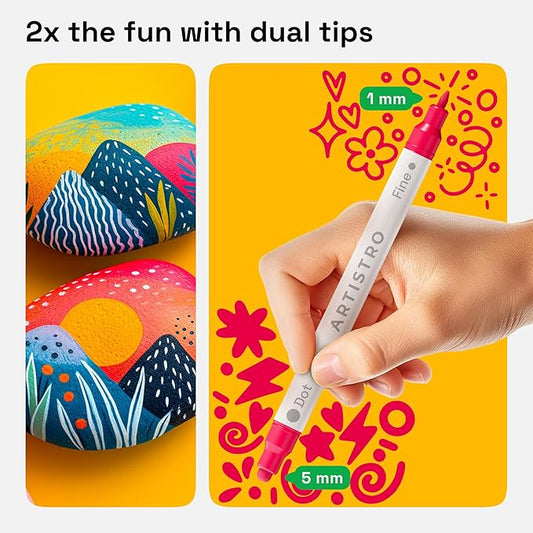 ARTISTRO Vibrant Acrylic Paint Markers for Rock, Fabric, Glass, Wood, Paper, Ceramic, Canvas & More - 36 Dual-Tip Paint Pens (Dot & Fine) - Quick Dry, Teacher Classrooms Must Have, Drawing Markers