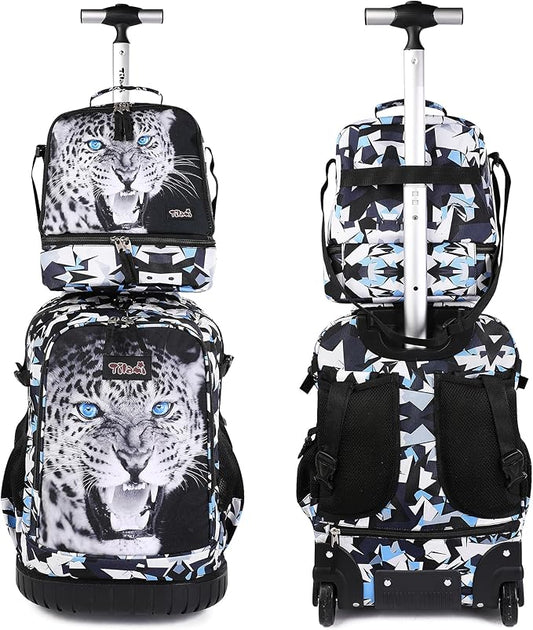 Tilami Rolling Backpack 19 inch with Lunchbox Wheeled Laptop Backpack, Leopard Black