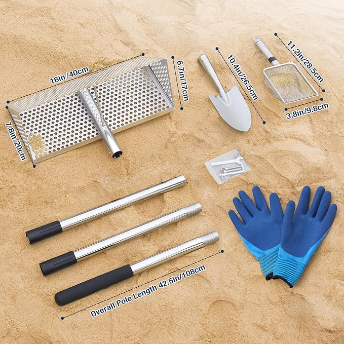 Sand Flea Rake, Long Handle Sand Sifter for The Beach, Stainless Steel Shark Tooth Sifter Comes with A 16-Inch Wide Mesh Screen for Collecting Fleas, Shark Teeth, and Seashells