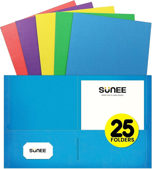 SUNEE Folders with Pockets(25 Pack, Assorted Colors), 2 Pocket Folders Fit Letter Size Paper, Paper File Folder for School Office Home Business