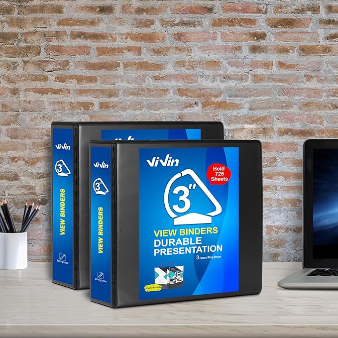 ViVin Durable 3 inch D Ring View Binder, Large 3" Slant-D Ring with 725-Sheet Capacity, Fit 8.5" x 11" Paper, 10 Pack(Black)