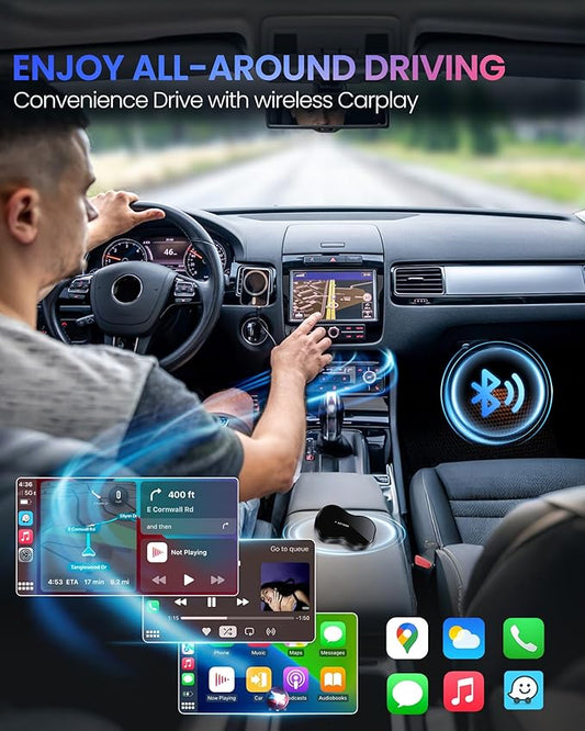 Wireless Carplay Adapter Plug & Play for Apple iPhone iOS 10+ & Cars from 2016+, Auto-Connect Stable Control & No Latency Mini Size with Extension Cable USB & USB-C/Type-C