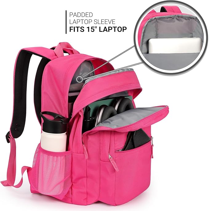 ZORFIN 26L Backpack for School, College, and Travel: Water Resistant Bookbag with 8 Compartments - Hotpink