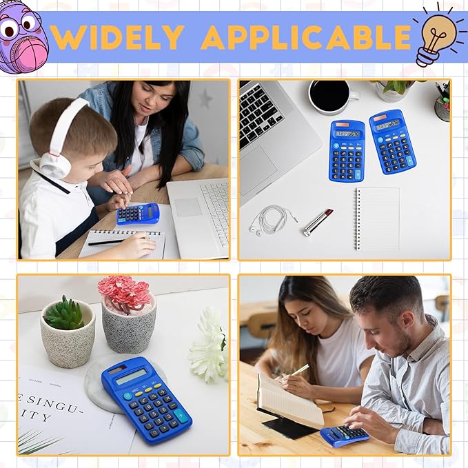12 Packs Pocket Size Mini Blue Calculator Basic Calculators for Handheld Angled Students 8 Digit Display Solar Battery Dual Power Small Calculator for Students Kids Home Office