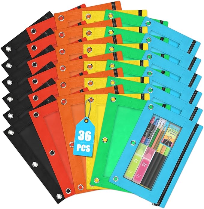 Shemira Pencil Pouch for 3 Ring Binder, 36 Pack Pencil Pouches Bulk in 6 Colors, Binder Pencil Pouchs with Smooth Zipper, Clear Window Pencil Case, Zipper Pencil Pouch, 3 Ring Binder Pencil Pouches