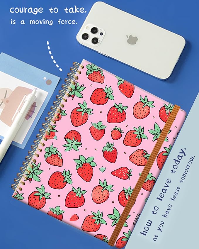 Ruled Spiral Writing Notebook,A5 Hardcover Lined College Journal for Women Lady Girl,Strong Twin-Wire Binding with Premium Paper,8.4" X 6",Perfect for School,Office,Home Gifts(pink strawberry)