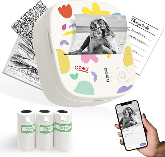Mini Portable Sticker Printer, Mini Thermal Printer with 3 Rolls Paper, Bluetooth Inkless Printpods, Pocket Label Maker Suitable for Creative Kids DIY, Diaries, Photos, Study Notes -White