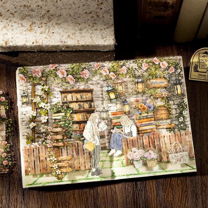 Bookish Garden PET Sticker Set, 120PCS Floral and Book Themed Scrapbooking Stickers, Waterproof Stickers for Journal, Diary, DIY Crafts