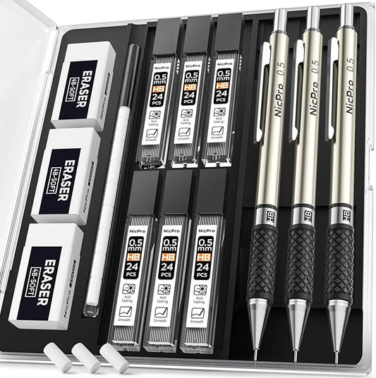 Nicpro 0.5 mm Mechanical Pencil Set, 3PCS HD1000 Art Mechanical Pencils 0.5 With 6 Tube HB Lead Refills, Eraser, Weatherproof Barrel Lead Pencil for Outdoor Writing Drafting Drawing Sketching